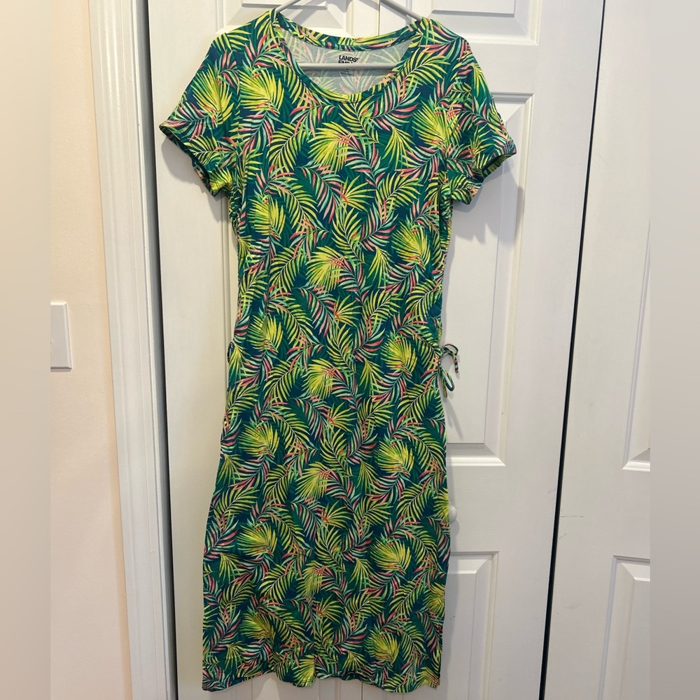 Lands' End Green Tropical Leaf Dress- NWT. Ruched sides with adjustable ties. M